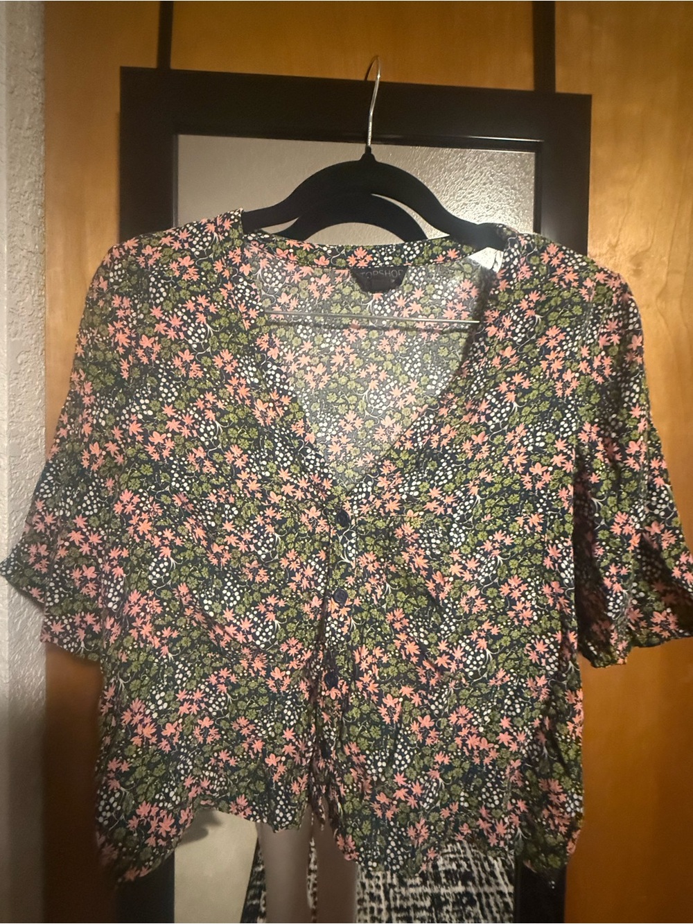 Topshop Pink & Green Floral Tie-Front Blouse
